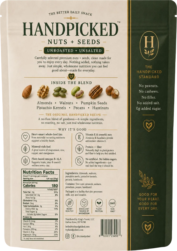 HANDPICKED Nuts + Seeds, Unroasted + Unsalted — 12 oz pouch, back of pack